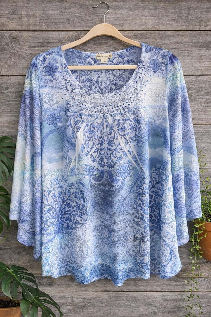World Unity Woman 1X Blue Paisley Embellished 3/4 Sleeve Tunic Top - Picture 2 of 6